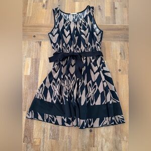 Sleeveless Black & Taupe Patterned Belted Dress